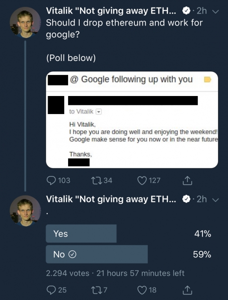 Google Tries Hiring Vitalik Buterin for a Secret Crypto Project