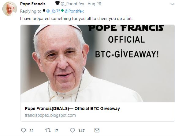 Pope Francis Latest Target of Crypto Giveaway Scam on Twitter