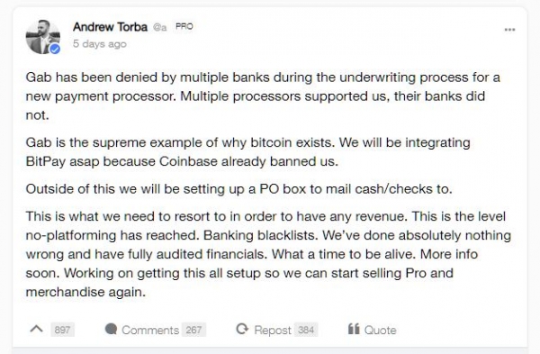 ‘Alt-Right Twitter’ Gab Moves to Bitcoin Payments Due to Banking Blacklist