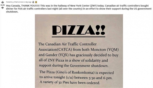Cheesy Surprise: Canadian Air Traffic Controllers Send Pizza to US Peers Amid Shutdown
