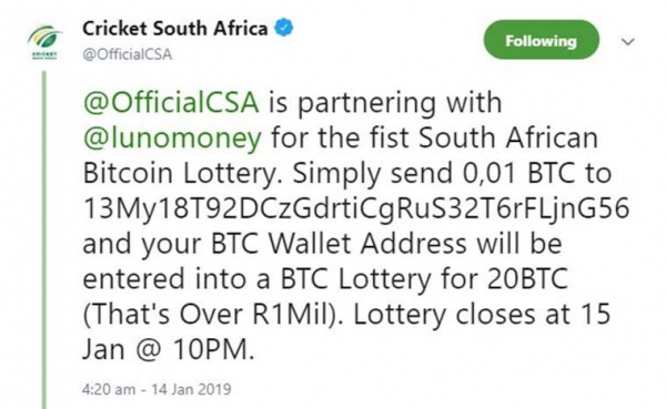 South African National Cricket Team Falls for Bitcoin Twitter Scam